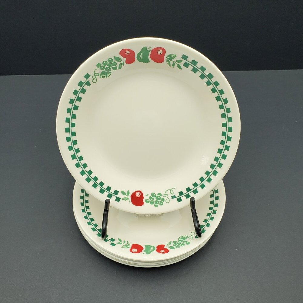 Corelle Farm Fresh Bread Dessert Appetizer Plates Green Check Apple Beige Plates